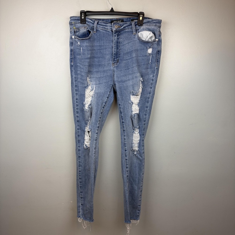 Judy Blue Womens 15/32 Blue Skinny Fit Distressed Ripped Raw Hem Jeans JB8114